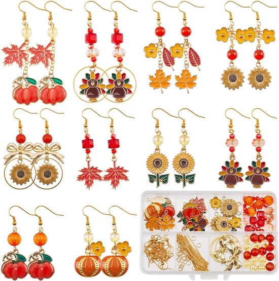 1 box 10 pairs Thanksgiving earring kits - zonnebloem charms - esdoornblad charm - bulk kalkoen zonnebloem charm - herfst pompoen kralen voor sieraden maken kits - volwassenen DIY dangle oorbellen van Merkloos	