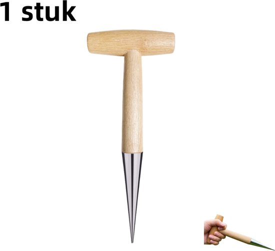 1-delig - Tuinperforator - T-vormig - geschikt voor bemesten, planten, groentezaden, verplanten, planten, ponsen en zaaien - houten handvat - zilver van Merkloos	