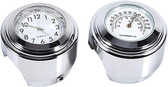 [1 Pair] 7/8" 1" Motorcycle Handlebar Dial Clock Thermometer Waterproof Luminous White for Bike Motorcycle van BBTO