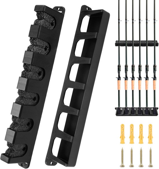 1 Pair Wall Mount Rod Holders voor 6 Rods - 34.5x6.5cm - Horizontale Verticale Rod Holder - Opslag - Garage - Boten - Wandopslag - Zwart van Hillfields