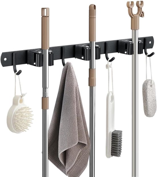 1 stuk - bezemhouder - dweil- en bezemhouder - muur hangende bezem en dweil organisator - roestvrijstalen bezemhanger - robuuste dweilhouder - voor thuis, keuken - zwart（ 4 Haken 3 Planken） van Merkloos	