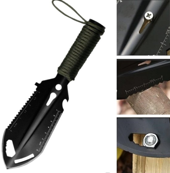 1 stuk - Kleine kampeerschep - 9-in-1 mini-handschep - draagbare rugzakschep - Handschep - Rugzakuitrusting - Multifunctionele tuinschep - Tuingereedschap voor thuis - voor kamperen, tuinieren en overleven in de buitenlucht - Zwart - 7 x 26,5 cm