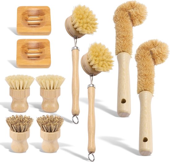 10-delige afwasborstel van bamboe, sisalvezel, afwasborstelset, hout met afwasborstel, bekerborstel, houder, afwasborstel, houten handvat voor schone keuken, badkamer, tafel, muur, vloer, raam