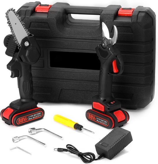 10-Delige Elektrische Snoeischaar & Mini Kettingzaag Set - Heggenschaar - Heggenschaar Accu - Takkenschaar - Accu Snoeischaar - 2 Accu's inbegrepen - Inclusief Acculader / Opbergkoffer & Accessoires van VONROC