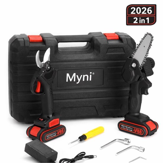 10-Delige Elektrische Snoeischaar & Mini Kettingzaag Set - Heggenschaar - Heggenschaar Accu - Takkenschaar - Accu Snoeischaar - Inclusief: 2x Accu / Acculader / Opbergkoffer & Accessoires van Merkloos	