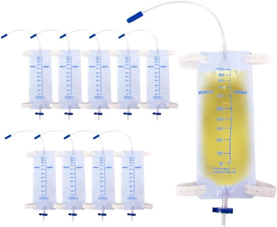 10-Delige set XPJBKC Urinepouches van 1000 ml met catheterzak, beenzak, urinedrainagezak met 30 cm verdikte slanglengte, antirefluxklep en stoffen banden, urinewezentas, drainagezak van Merkloos	