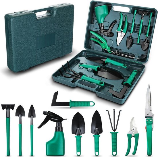 10-Delige Tuingereedschap Set inclusief Opbergkoffer - Tuinierset - Tuinsetje - Gereedschap voor Tuin - Tuinschaar - Tuinschepje - Bloemenschaar - Voegenkrabber - Plantenspuit - Grasschaar - Bloemenschep - Tuinhark van Sens Design