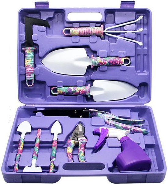 10-Delige Tuingereedschap set met Paarse Bloemenprint en Ergonomisch Handvat van Kinzo Garden