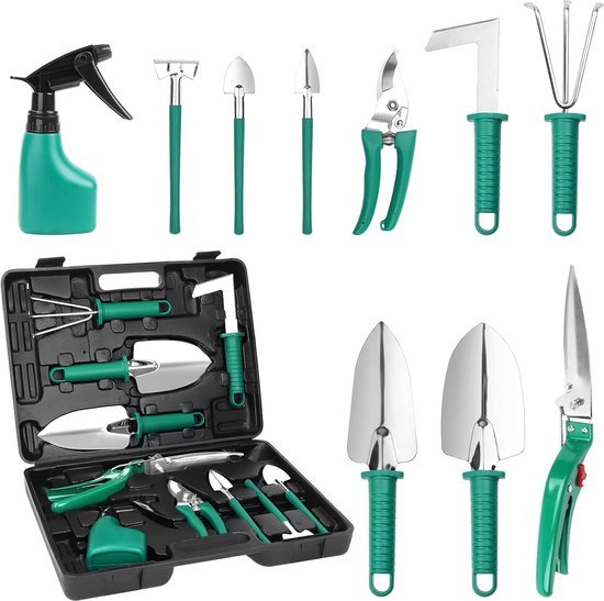 10-delige tuingereedschapset met draagtas - transplanter - hark - snoeischaar - grasschaar - schop - watersproeifles - tuingeschenkset van TRESKO