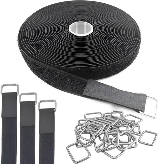 10 m Velcro Kabelbinders - Bevestiging - Kabelbinders - Band - met 50 Metalen Gespen - Vrij Snijden - voor het Organiseren van Uw Kabels - Draden - Slangen - Etc