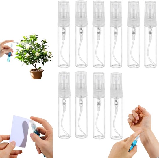 10 pack spray flesjes - parfum dispensers - mini spray flesjes - navulbaar - geschikt voor parfums, lotions, etherische oliën en water (1,2*5,5 cm - transparant) van Merkloos	