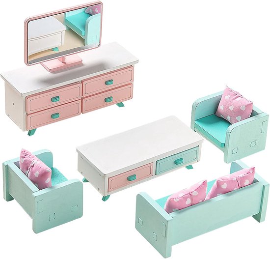 10 Pieces Mini Furniture and Accessories with Sofa Minimal Furniture Complete Set of Wood Mini for Living Room Table TV and 3 Armchairs Suitable for All Mini Houses, Pink van Fvorliy