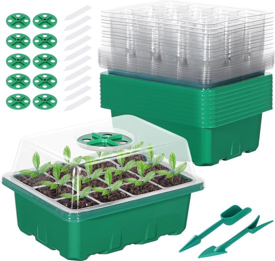 10 stuks, 120 cellen, kamerbroeikas, kweekbak, mini-broeikas, vensterbank, set met deksel en ventilatie voor zaailingen, plantenkieming (groen) van Nutley's