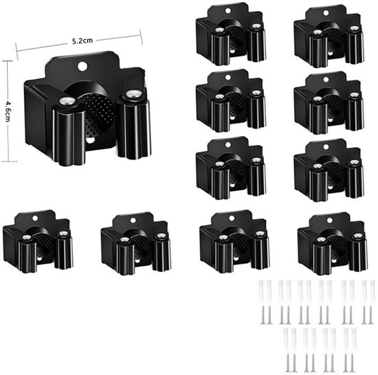 10-stuks Bezemhouder - Tuingereedschap Ophangsysteem - Bezem ophangsysteem - Schroefbevestiging voor wandmontage- 5.2 × 4.6 ×2 cm - RVS - Geschikt voor badkamer, keuken, schoonmaakhoek - Zwart