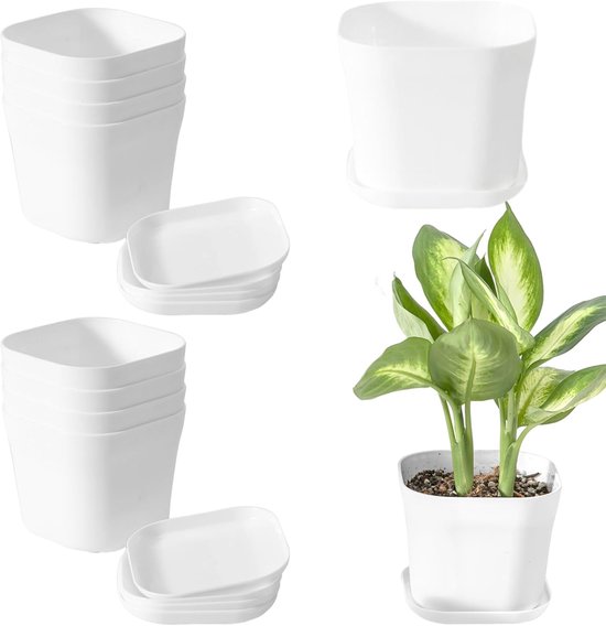 10 Stuks Bloempot Plastic 10cm Diameter Plant Potten Met Schotel, Kleine Bloempotten Plastic Vierkante Plant Pot Wit Voor Binnen En Balkon Tuin (9 * 9 * 8cm) van Merkloos	