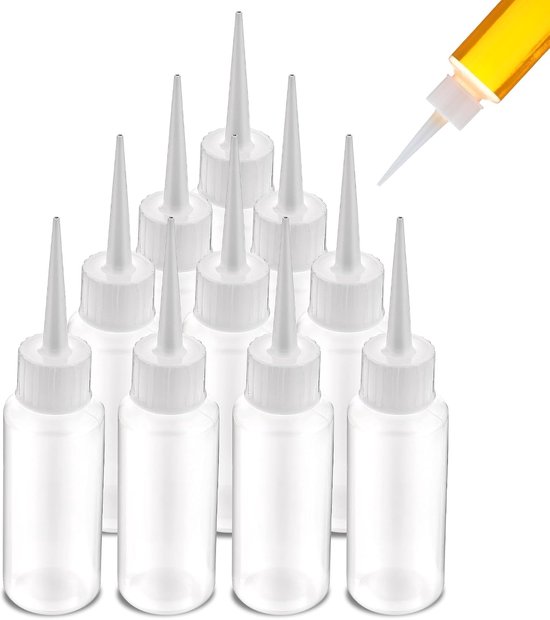 10 stuks knijpflessen van 50 ml, plastic knijpflessen, transparant, lege knijpfles, kleine knijpfles met 10 knijpkoppen voor vloeistoffen, lijm, dressings, sauzen en oliën van Merkloos	