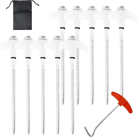 10 stuks lichtgevende zeskantschacht schroefharingen - 20,5 cm schroefbare outdoor tentharingen - tentnagels met schroefdraad - haringuittrekker - steeksleutel - trekkoord - rotsharingen voor luifels - campingaccessoires van Merkloos	