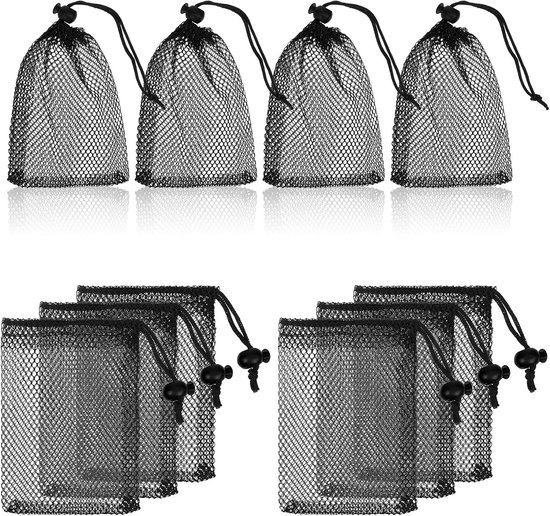 10 stuks netvakken, kleine nettassen van zwart nylon, draagbare nettas voor het opbergen van nettas met trekkoord voor het opbergen van zandspeelgoed en cosmetica op reis van Fodlon