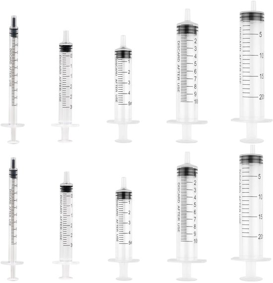 10 stuks spuiten - 1 ml - 3 ml - 5 ml - 10 ml - 20 ml - 5 doseringsmaten - herbruikbare doseerspuit zonder naald - perfect voor diervoeding - plantenirrigatie - laboratoriumexperimenten