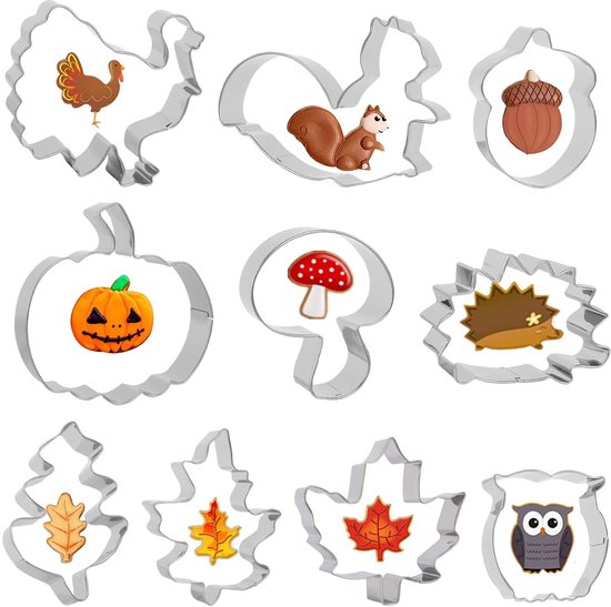 10 stuks uitsteekvormen herfstset, oogstfeest, koekjessnijders, pompoen, herfst, doe-het-zelf koekjessnijders, roestvrij stalen uitstekers voor esdoornblad, eekhoorntjes, koekjes bakken