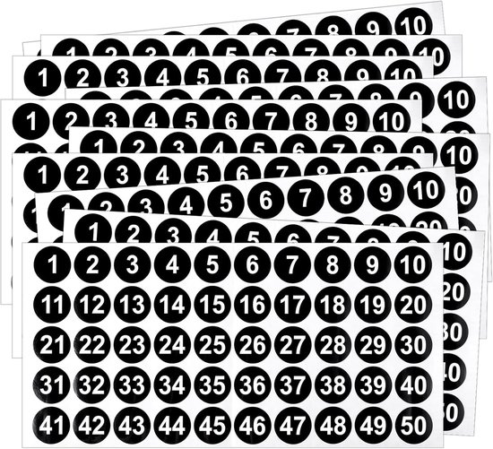 10 vellen nummerstickers 1-50 - kleine zelfklevende opeenvolgende nummerlabels - genummerde stickers - waterdicht voor markering van waterbekers op kantoor en keuken - classificatie en organisatie van Merkloos	