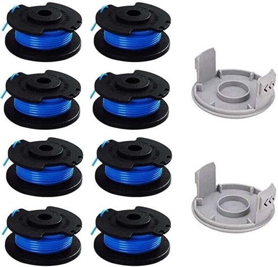 10 vervangende spoelen geschikt voor Ryobi 1/4-inch trimmers, 8 spoelen + 2 snijkappen geschikt voor Ryobi One+ AC14RL3A draadloze trimmers.