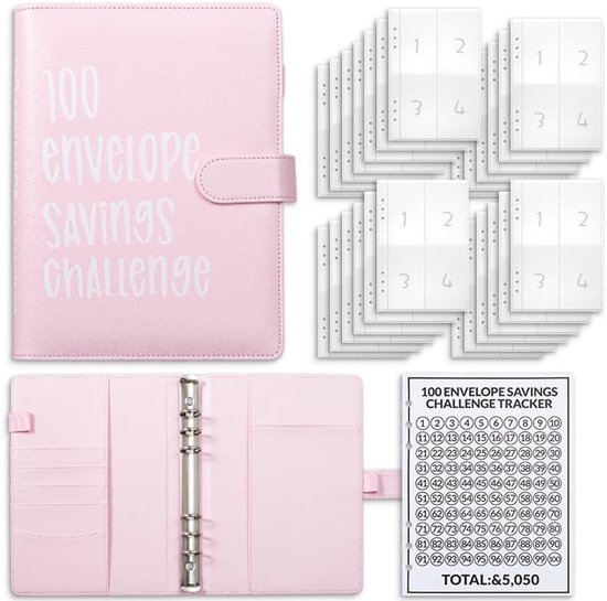 100-dagen-enveloppen - geldbesparende uitdaging - A5 spaar-uitdaging-map - budgetboek met magneetknop en kaarten-organizer-tas (roze) van Merkloos	