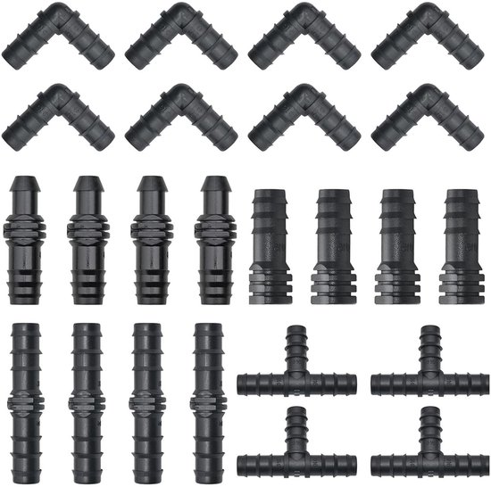 100-delige set druppelbevloeiingsfittingen voor druppelirrigatie - Complete kit met 16PE-buizen en verschillende fittingen - Ideaal voor gazon en tuin - Inclusief T-stukken, ellebogen, koppelingen, eindpluggen en rechte weerhaken van Merkloos	