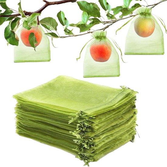 100 Fruit Bescherming Zakken, Fruit Tree Green Fruit Mesh Zakken, Trekkoord Mesh Cover Zakken, Beschermen Plantaardige Tomaat Aardbei Tuin