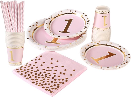 100 stuks 1e feestaccessoireset, verjaardagsfeestborden, set - 25 en 7 cm papieren borden en kopjes rietjes voor feesten, vakantie, Kerstmis, babyshower decoraties