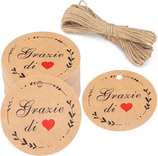 100 stuks bedanketiketten met hart - cadeauetiketten - krachtetiketten - 5 x 5 cm - rond - etiketten met koord voor doop - eerste communie - bruiloft van Merkloos	