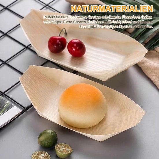 100 stuks fingerfood schalen, wegwerp houten schaal voor fingerfood, onbehandeld, curryworst kom, frietschalen, scheepjes, snackschalen voor friet, chips, snacks, dessert, saladefeest