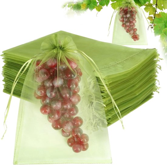 100 stuks fruitbeschermingszakken 8x12 inch, groene netzakken met trekkoord, fruitbeschermers en ongediertebestrijding voor druiven, mangobomen en groentetuinen van Merkloos	