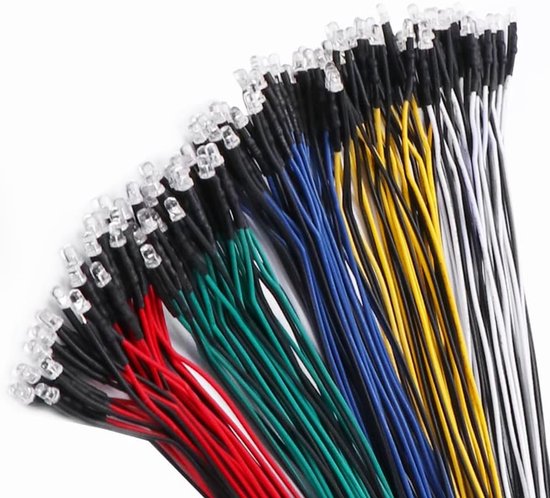 100 Stuks Voorbedrade LED - 3mm LED Diode Lamp - 12V Voorbedraad Licht - 20 Stuks per Kleur - Wit/Rood/Geel/Groen/Blauw van Merkloos	