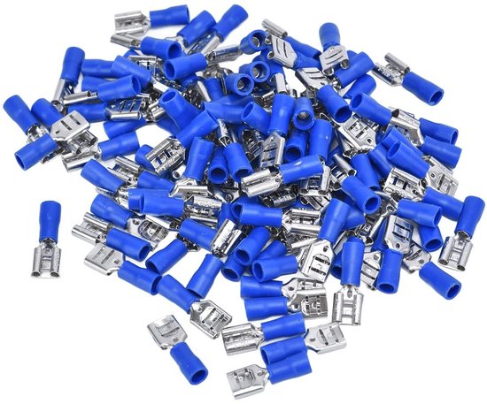 100 stuks Vrouwelijke Spade Connector met Isolerende Shell voor Kabels van 1.5-2.5mm² - Blauw. Hoogwaardige Geleidbaarheid, Eenvoudig te Gebruiken.