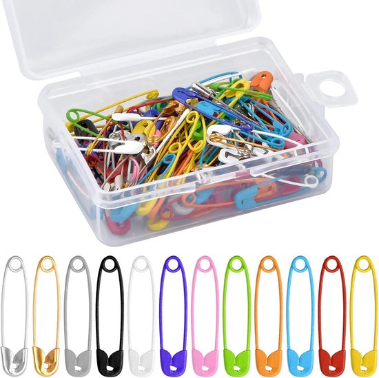 100 veiligheidsspelden in verschillende kleuren - metalen veiligheidsspelden met opbergdoos - kleine veiligheidsspelden voor kleding - knutselwerk - naaien - huis en kantoor - 27 mm - accessoires voor creatief gebruik van Merkloos	