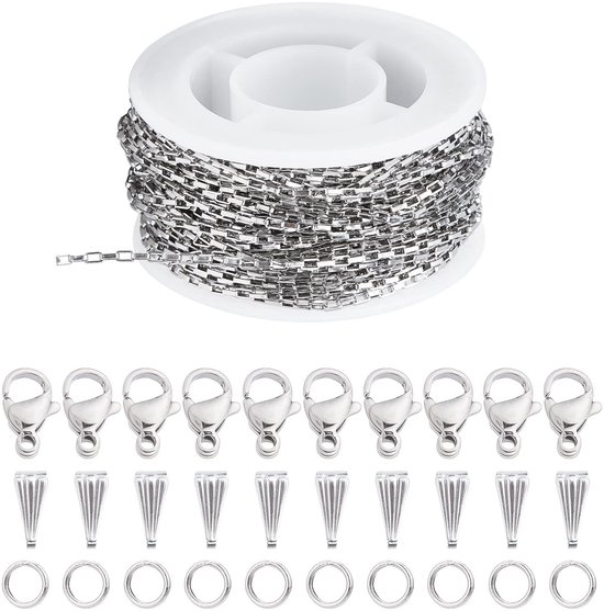 10M 32.8 Voeten Rvs Box Chain Bulk Venetiaanse Kettingen Zilveren Ketting Roll Rechthoek Link Kettingen met Open Jump Ringen Voor Sieraden Maken Vrouwen Volwassenen DIY Kettingen Armbanden