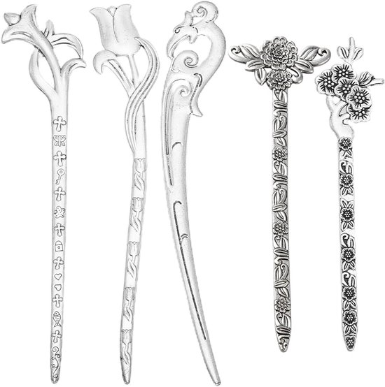 10Pcs 5 Styles Alloy Flower Bookmark - Bulk Silver Bookmarks - Metal Antique Flowers - Rose Lily Strip - Vintage Hair Stick - Chinese Style Hairpin Bookmarker voor Reading - Teacher - Kerstmis van Merkloos	