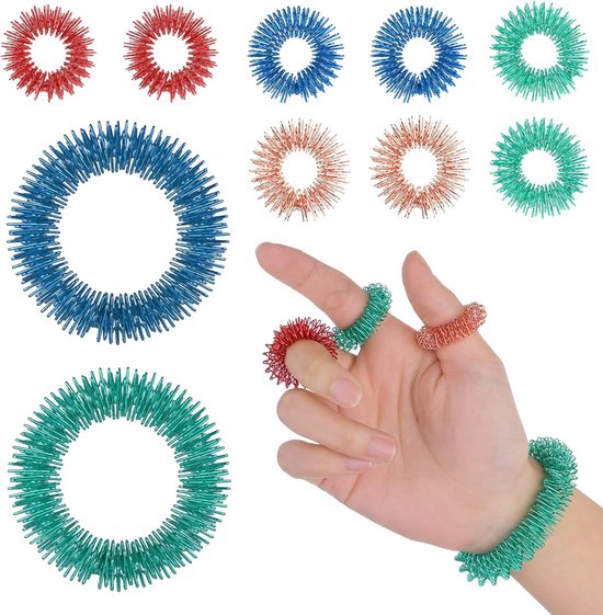 10Pcs Acupressure Rings - Spiky Sensory Finger Rings Set - 8pcs Spikey Sensory Finger Rings - 2pcs Wrist Massage Bracelets - Massage Rings voor Bloedcirculatie - Stressverlichting van Merkloos	
