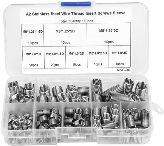 110 Piece Stainless Steel Threaded Insert, M6-M8/1D-3D Female Thread Self Tapping Spiral Wire Repair Shackle with Box van Merkloos	