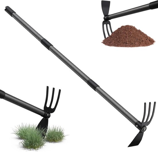 116 cm Tuinhak met steel - Multifunctionele dubbele hak met 3 tanden - Metaal onkruidhark plantenhaak - Tuingereedschap voor het losmaken, luchten en wieden van Merkloos	
