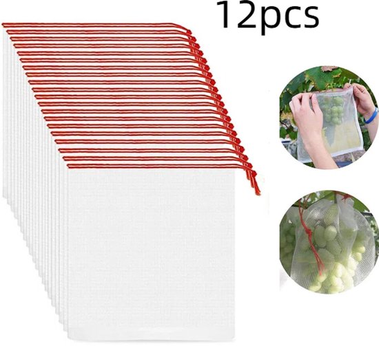 12-delige set - Beschermnet voor fruit - Insectennet - Insectenzak - Beschermnet - Fruithoes - Nylon netzak -multifunctionele groentebewaarzak met trekkoord-45*30 cm - Herbruikbaar - Geschikt voor het beschermen van tuinfruit en -groenten
