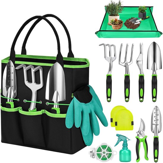 12-Delige Tuingereedschap Set – Compleet Tuin Tools Pakket met Troffels, Snoeischaar, Handschoenen, Knielkussen en Opbergtas – Cadeau voor Tuinliefhebbers van Merkloos	