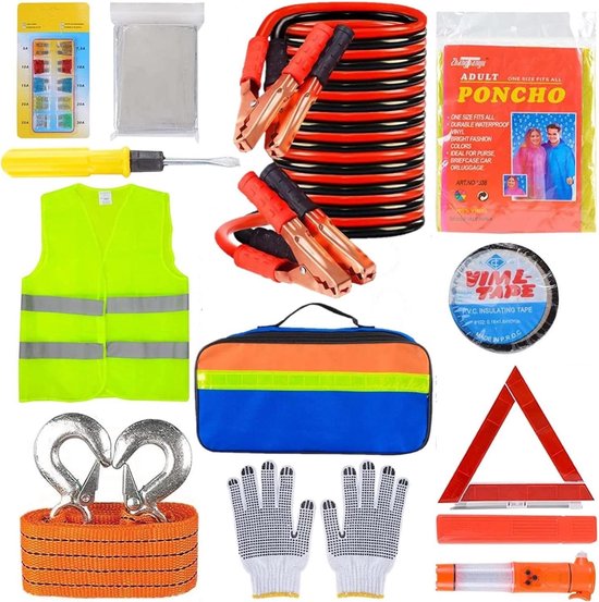 12-in-1 Car Emergency Tool Set - Breakdown Aid Kit - Car Safety Set met Waarschuwingsdriehoek - Veiligheidsvest - Sleepkabel - Veiligheidshamer - Zaklamp - Pechhulp Gereedschap Set van Merkloos	