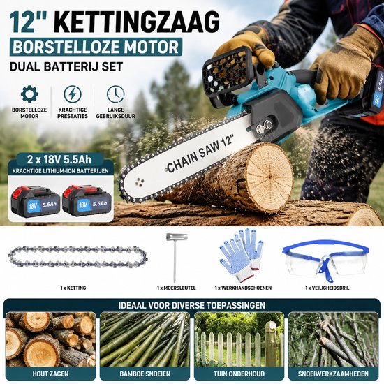 “12” Kettingzaag Borstelloze Motor – Accu Kettingzaag Set met 2x 18V Batterijen, Perfect voor Hout Zagen, Bamboe Snoeien, Tuin Onderhoud & Snoeiwerkzaamheden”