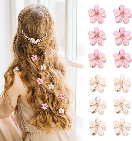 12 Mini Diamond and Pearl Hairpins - Small Floral Hair Accessories for Women - Cute Pins for Photo and Daily Use van Merkloos	