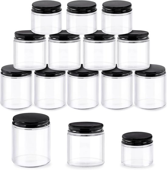 12 Pack 2oz 4oz 8oz glazen potten met deksels - ronde heldere glazen potten met binnenvoering en zwarte deksels voor het bewaren van crèmes - schoonheidsproducten - cosmetica - lotions en zalven van Merkloos	