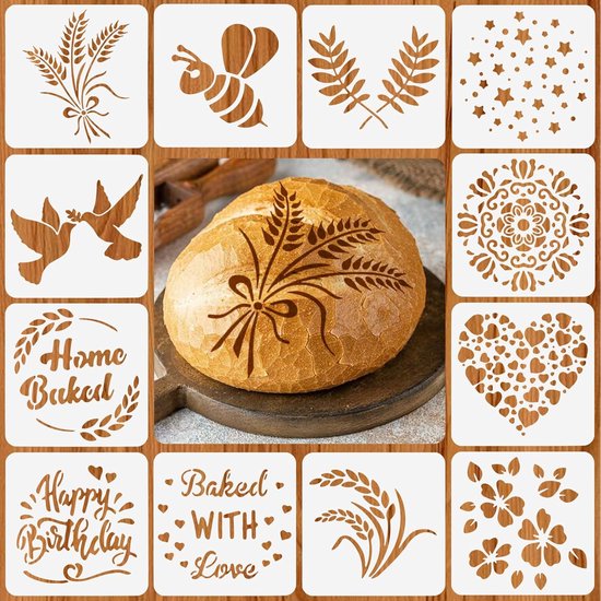 12 stuks brood sjablonen - 15 x 15 cm - bak sjablonen set - broodpatroon - voor brood - cake - koffie - koekjes van Merkloos	