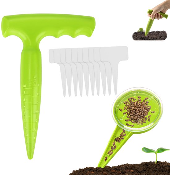 12 stuks - Handmatige zaaimachine - Bollenplanter - Zaaddispenser - Kunststof plantgereedschap - Gatenboor voor de tuin - Inclusief 10 etiketten - Plantgereedschap voor het planten van zaden en bollen, een must-have voor tuinliefhebbers - Groen
