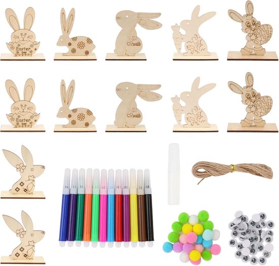 12 stuks houten paasdecoratie - paashaas - doe-het-zelf paashaas decoratie om neer te zetten - houten paashaas met accessoires - voor tafel - woonkamer - slaapkamer - tuin van Merkloos	